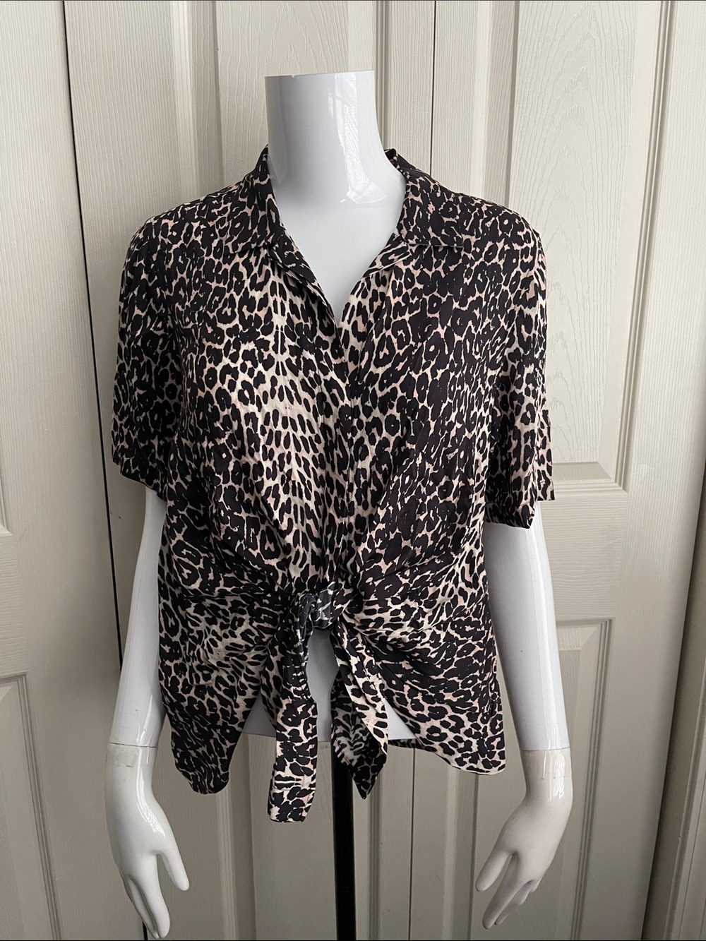 AllSaints Sirena Feline Leopard Print Tie-Front Short Sleeve Shirt. #259-A